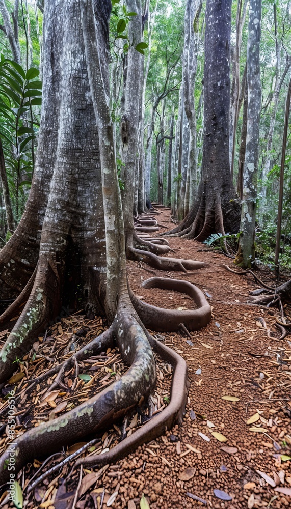 Enchanting jungle trail through towering trees and vines, inviting exploration and adventure Enchanting jungle trail through towering trees and vines, inviting exploration and adventure