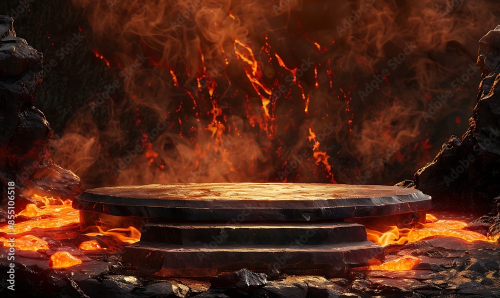 Obraz premium A dynamic 3D podium emerging from flowing lava, set against a backdrop of a fiery, erupting volcano, with molten rock textures and glowing embers adding depth