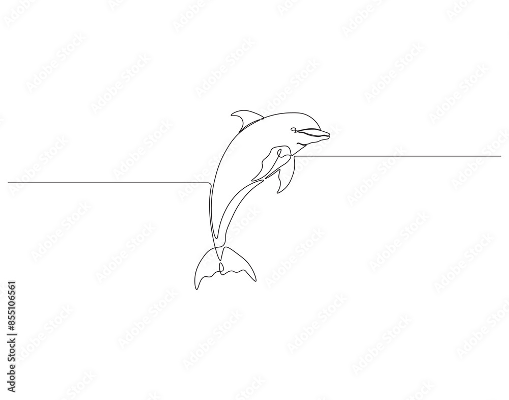 Naklejka premium Continuous one line drawing of dolphin fish. One line drawing illustration of bottlenose dolphin. Marine animal, World dolphin day concept single line. Editable outline.