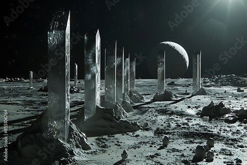 A cloister of ancient Xenon monoliths on a barren moon photo