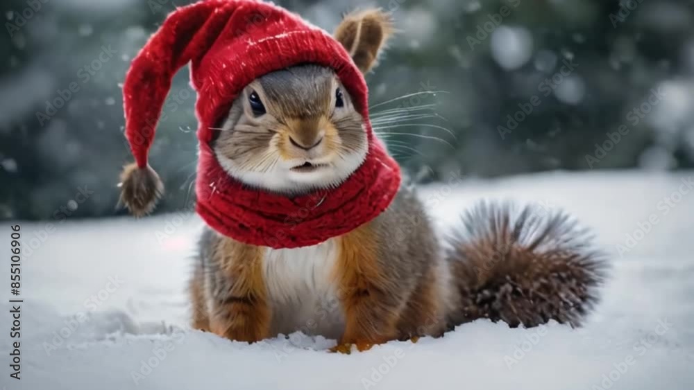 Cute squirrel in Santa Claus hat in snowy forest Cute squirrel in Santa Claus hat in snowy forest