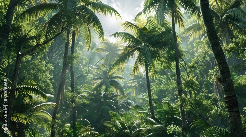 Palm trees dotted throughout a stunning rainforest Palm trees dotted throughout a stunning rainforest