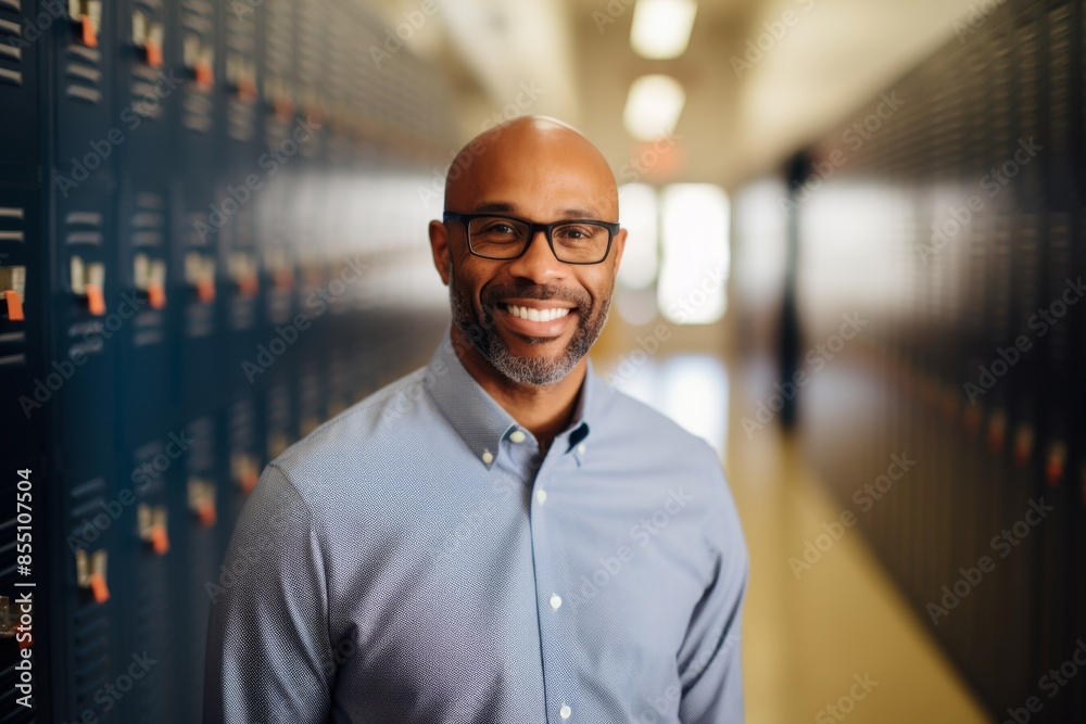Portrait of a smiling male African American high school teacher in hallway Portrait of a smiling male African American high school teacher in hallway