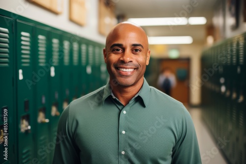 Portrait of a smiling male African American high school teacher in hallway