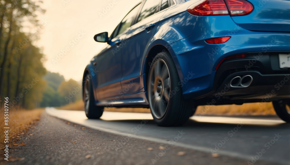Fototapeta premium Elegant blue sports car on the road surrounded by the bright colors of the autumn forest