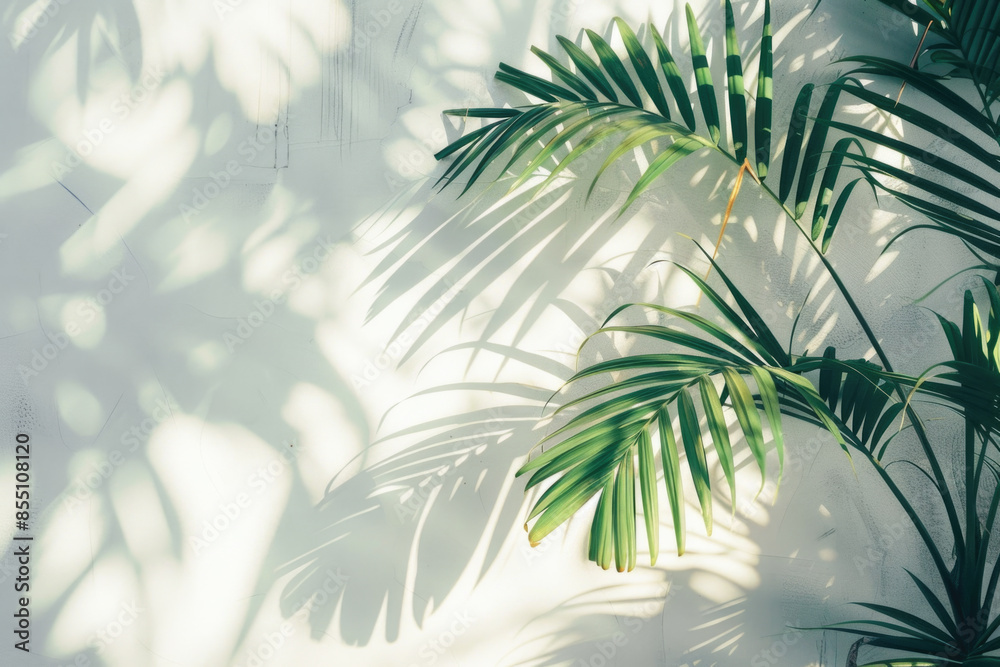 White wall with tropical palm leaf shadow. Beautiful abstract background concept banner for summer vacation White wall with tropical palm leaf shadow. Beautiful abstract background concept banner for summer vacation