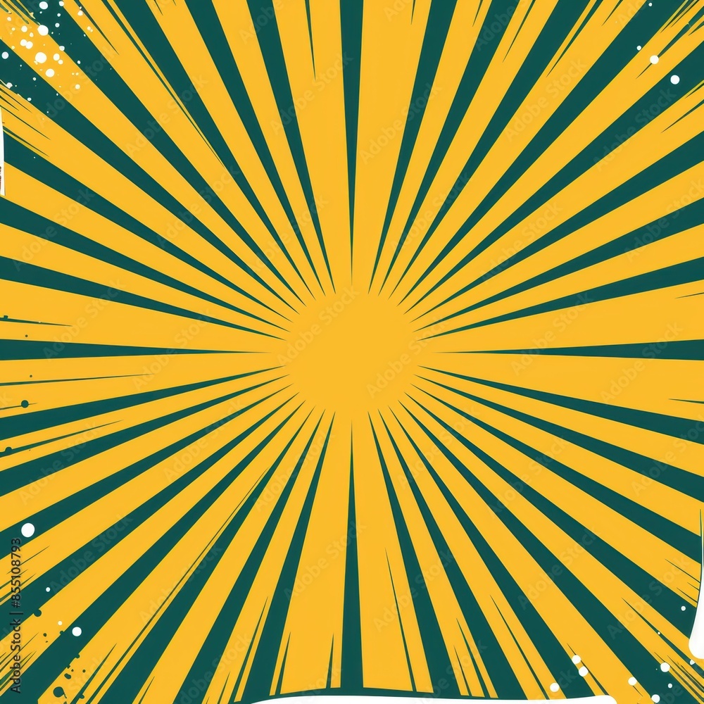 Obraz premium Dynamic pop art-inspired poster featuring yellow and green sunburst patterns radiating from a central point, resembling the rays of the sun.