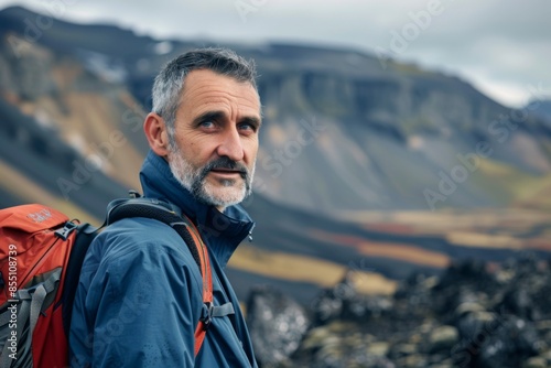 Portrait of a middle aged man hiking a volcanic landscape