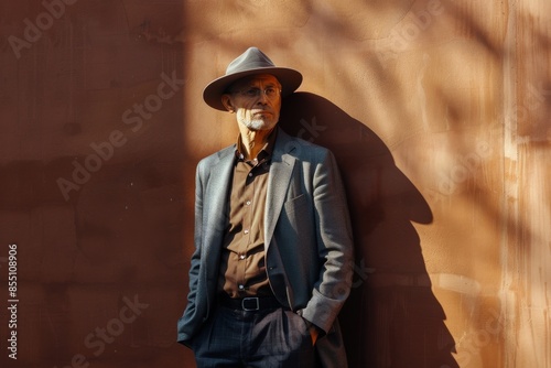 A Man in a Grey Suit and Hat Leans Against a Wall in the Sunlight