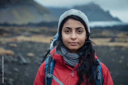 Young adult woman hiking in volcanic landscape with backpack © Baba Images