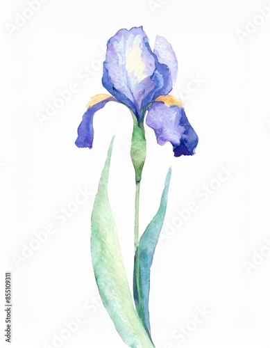 Hand drawn watercolor blue iris flower isolated on white background