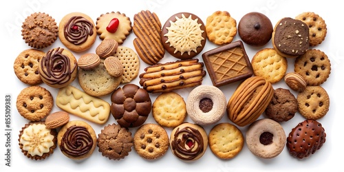 A Variety Of Delicious Cookies And Biscuits, Isolated On A White Background. photo