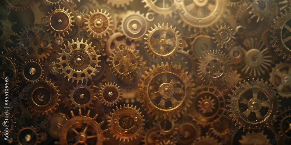 A dynamic and intricate image featuring a collection of interlocking gears in various sizes and metallic tones, creating a sense of complexity and mechanical harmony. A dynamic and intricate image featuring a collection of interlocking gears in various sizes and metallic tones, creating a sense of complexity and mechanical harmony.