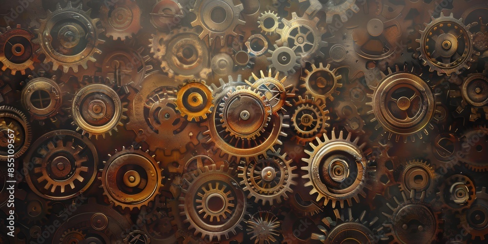 An intricately detailed image showcasing a multitude of interlocking gears and cogs, rendered in a steampunk style with a warm, metallic color palette. An intricately detailed image showcasing a multitude of interlocking gears and cogs, rendered in a steampunk style with a warm, metallic color palette.