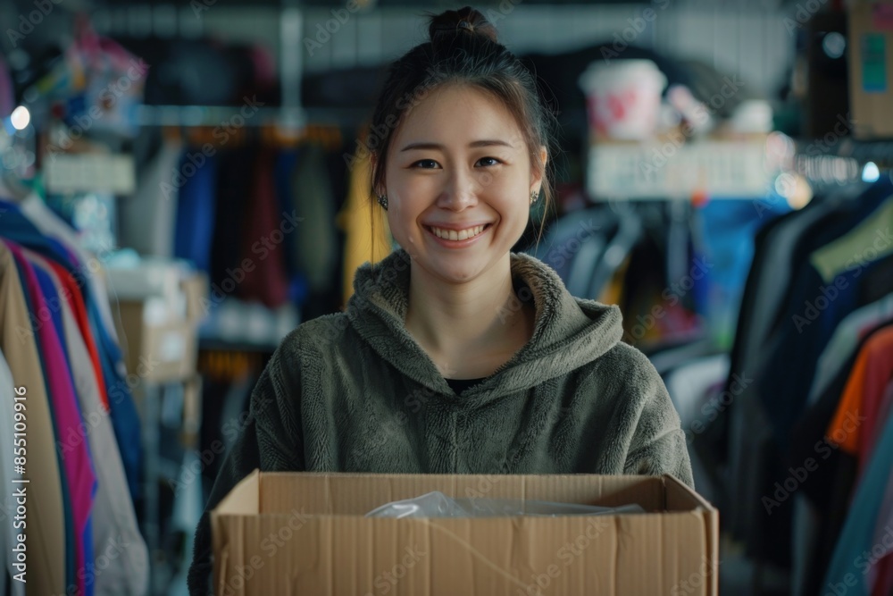 Young Woman Smiling and Holding a Box of Donated Items in a Store Young Woman Smiling and Holding a Box of Donated Items in a Store