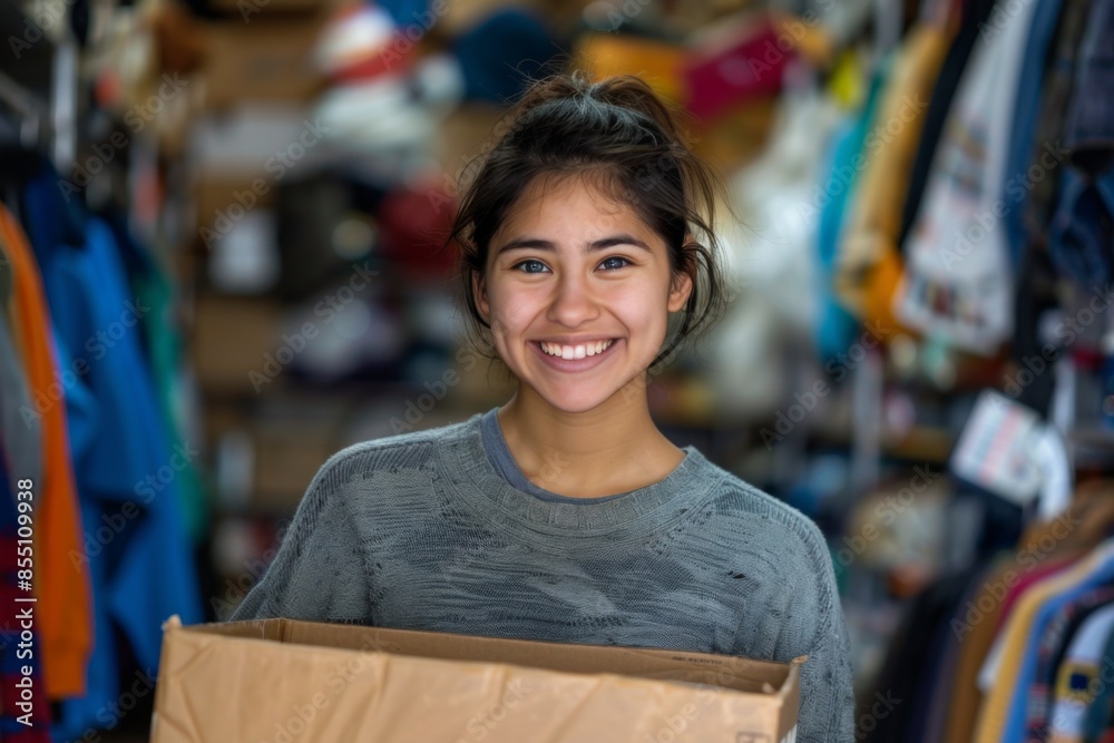 Young Woman Smiling and Holding a Box of Donated Items in a Store Young Woman Smiling and Holding a Box of Donated Items in a Store