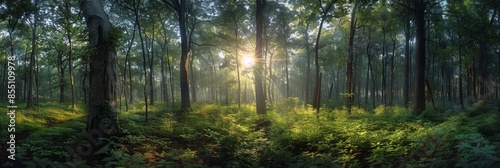 Sunlit Forest Path in Early Morning Mist