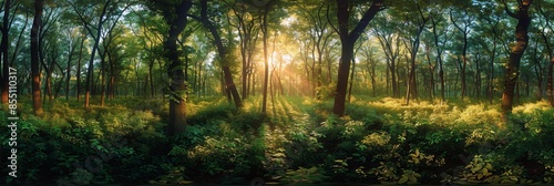 Sunlit Forest Path in Early Morning Mist
