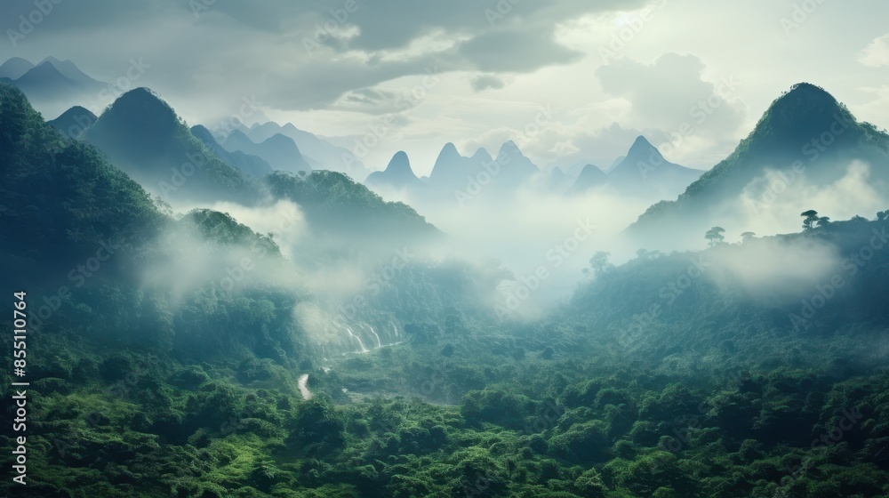 Obraz premium Foggy landscape in the jungle.