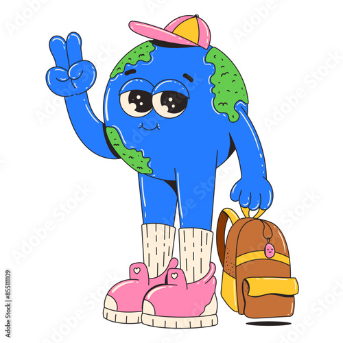 A cute planet earth character with a backpack. Trendy retro groovy style illustration. Education and back to school concept.