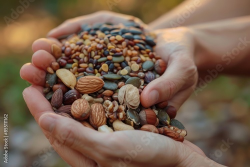 Close-Up of Hands Cupping an Assortment of Mixed Nuts and Seeds, Highlighting Rich Textures and Vibrant Colors