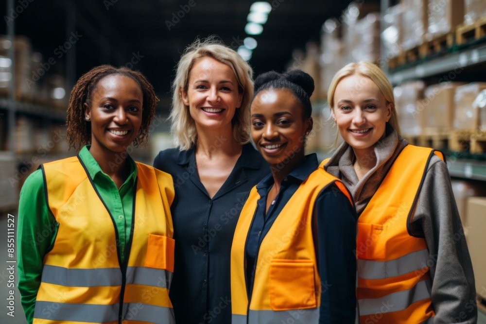 Group portrait of diverse female warehouse workers smiling Group portrait of diverse female warehouse workers smiling