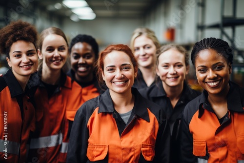 Group portrait of diverse female warehouse workers smiling