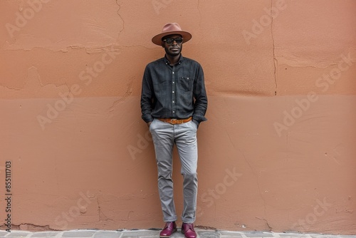 A Man in a Grey Suit and Hat Leans Against a Wall in the Sunlight