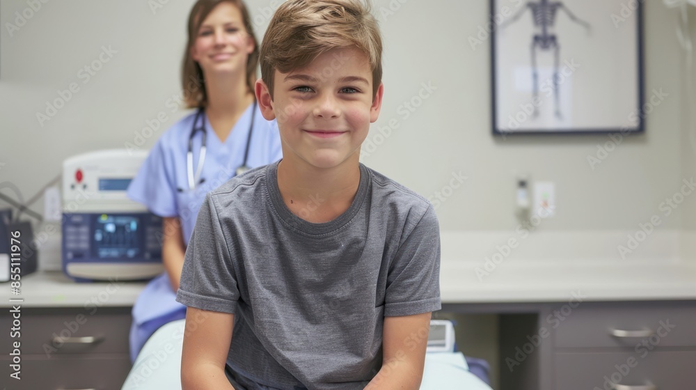 Interactive Medical Appointment: Capture the interactive nature of a medical appointment as the young boy sits up on an exam table in a doctor's office. Interactive Medical Appointment: Capture the interactive nature of a medical appointment as the young boy sits up on an exam table in a doctor's office.