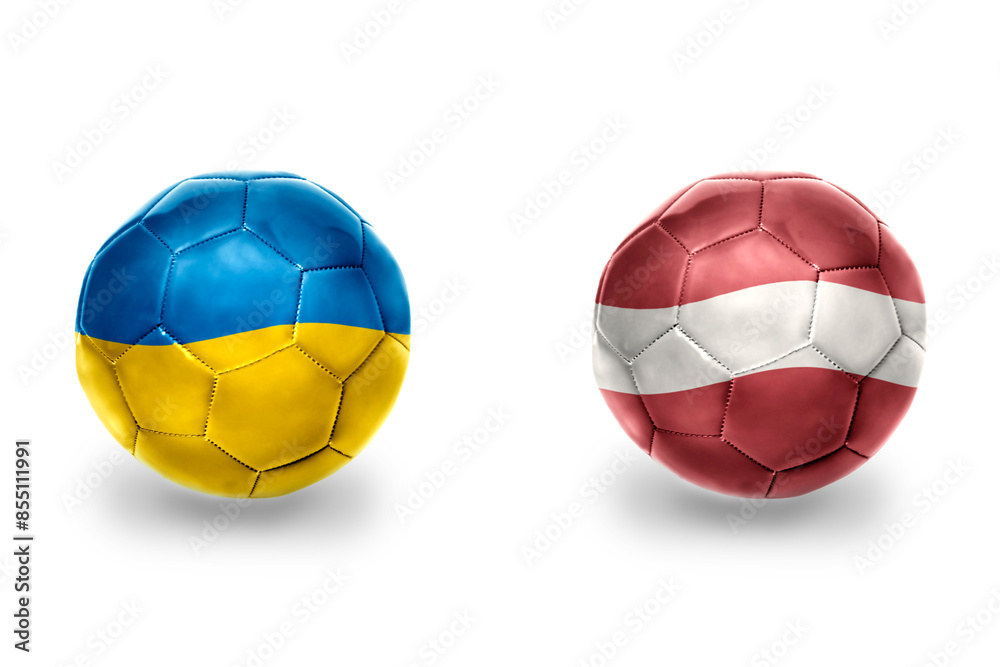 Fototapeta premium football balls with national flags of latvia and ukraine,soccer teams. on the white background.