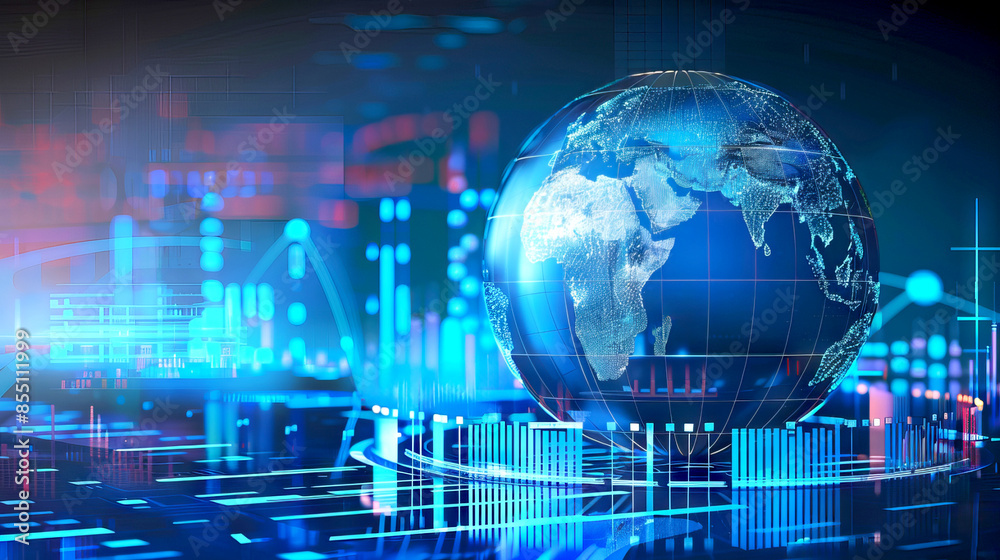 Global technology and business network concept and data graphics in blue background Global technology and business network concept and data graphics in blue background