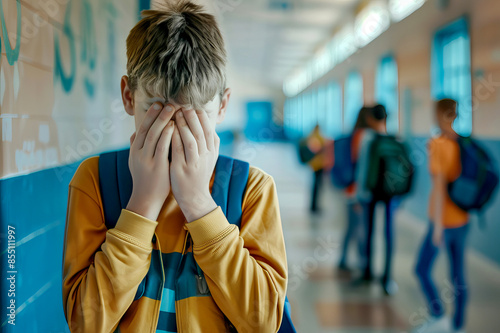 Sad schoolboy covering his face with hands standing alone in school hallway, Bullying at school © Renata Hamuda
