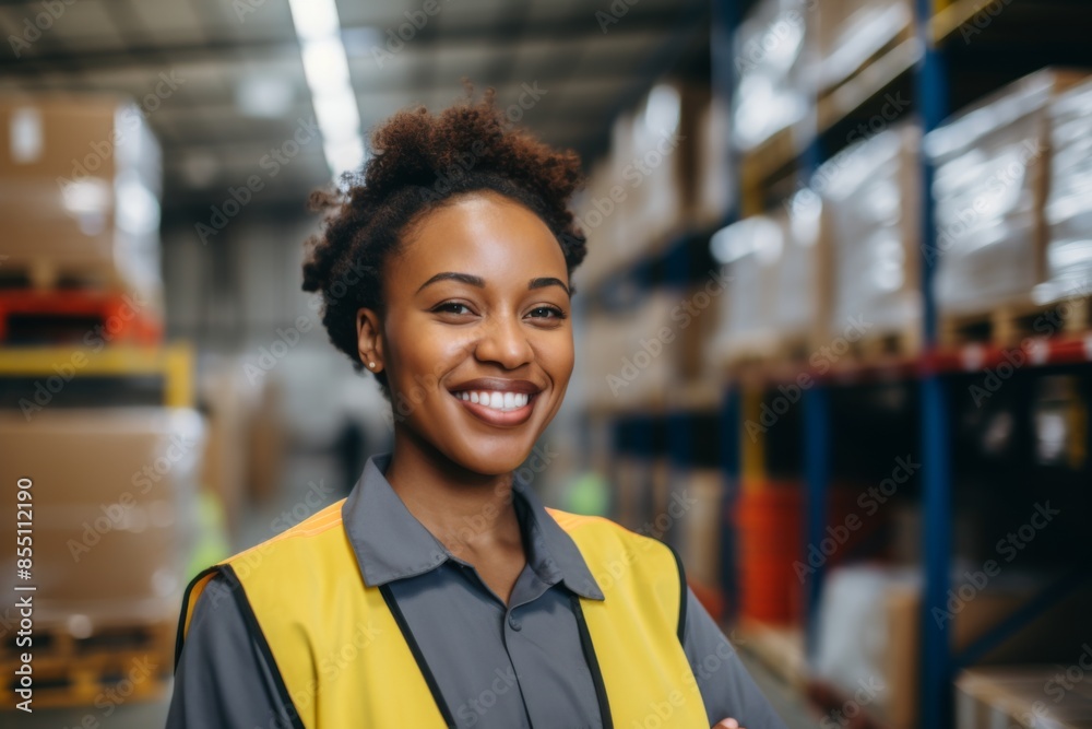 Portrait of a smiling African American female warehouse worker Portrait of a smiling African American female warehouse worker