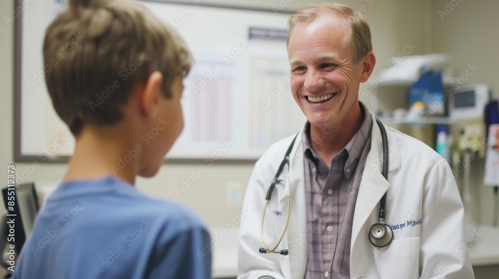 Medical Check-Up: Illustrate the importance of regular check-ups as a Caucasian doctor smiles warmly while providing thorough care to a young patient in a clinic or hospital setting. Medical Check-Up: Illustrate the importance of regular check-ups as a Caucasian doctor smiles warmly while providing thorough care to a young patient in a clinic or hospital setting.