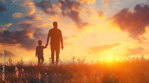 Silhouettes of Father and Children at Sunset in Field
