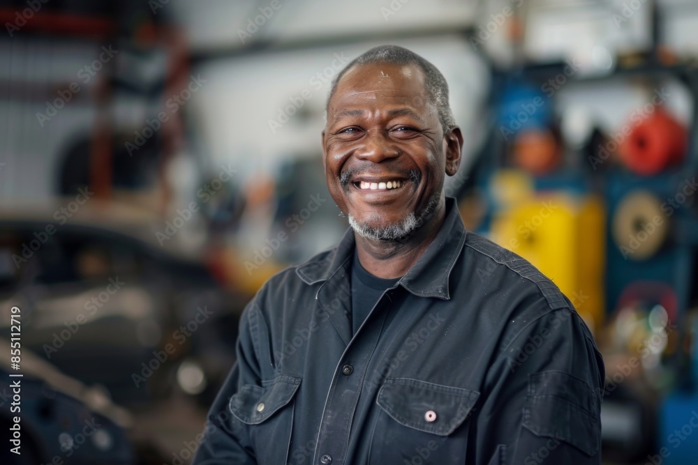 Portrait of a smiling middle aged African American male car mechanic