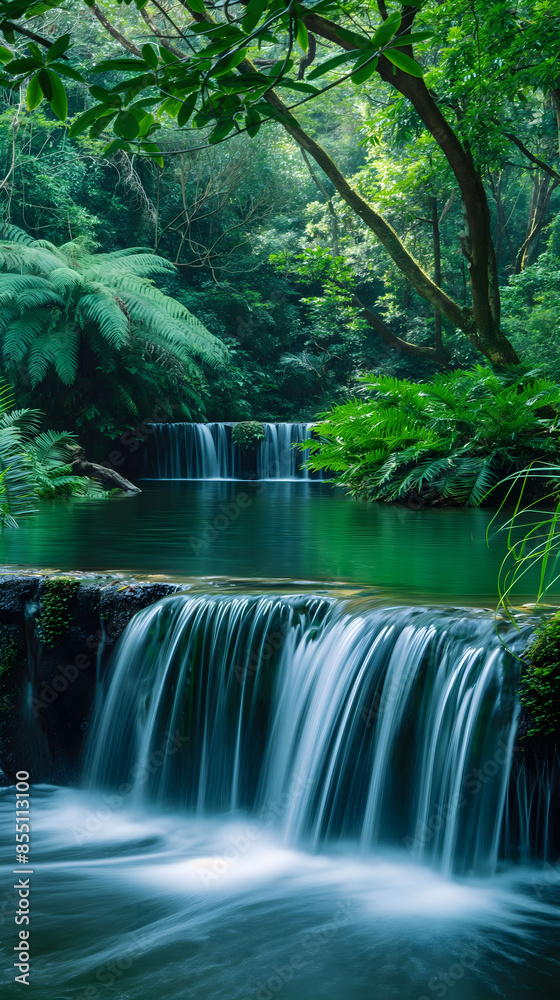 Serene Tropical Waterfall Oasis Surrounded by Lush Greenery