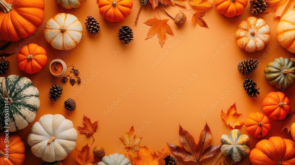 Thanksgiving theme with pumpkins autumn leaves and space for text