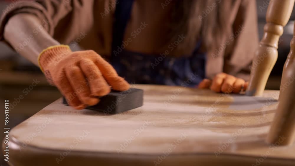 A close-up of an experienced professional carefully sanding a wooden chair with a sanding stone, A close-up of an experienced professional carefully sanding a wooden chair with a sanding stone,