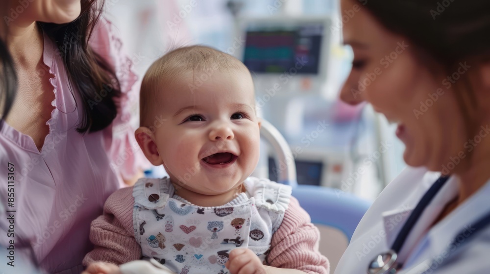 Fototapeta premium Pediatric Health Check-Up: Capture the baby's reaction to the examination as she sits on her mother's lap, surrounded by medical equipment and caring professionals in the doctor's office.