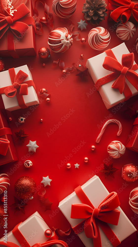 Elegant Christmas Gifts and Decorations on Red Background Elegant Christmas Gifts and Decorations on Red Background
