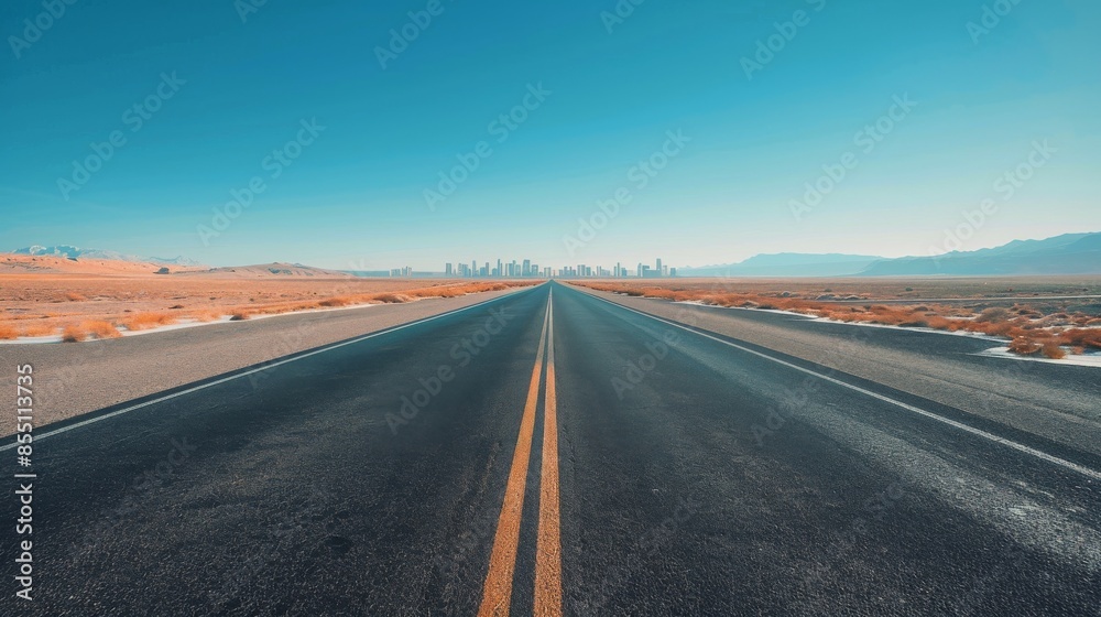 Empty Road Leading Towards A City Skyline During Sunrise Empty Road Leading Towards A City Skyline During Sunrise