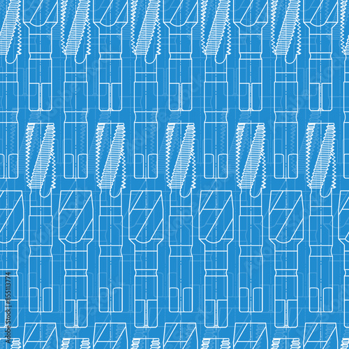 Mechanical engineering drawings on blue background. Tap tools, borer. Technical Design. Cover. Blueprint. Seamless pattern. Vector illustration.