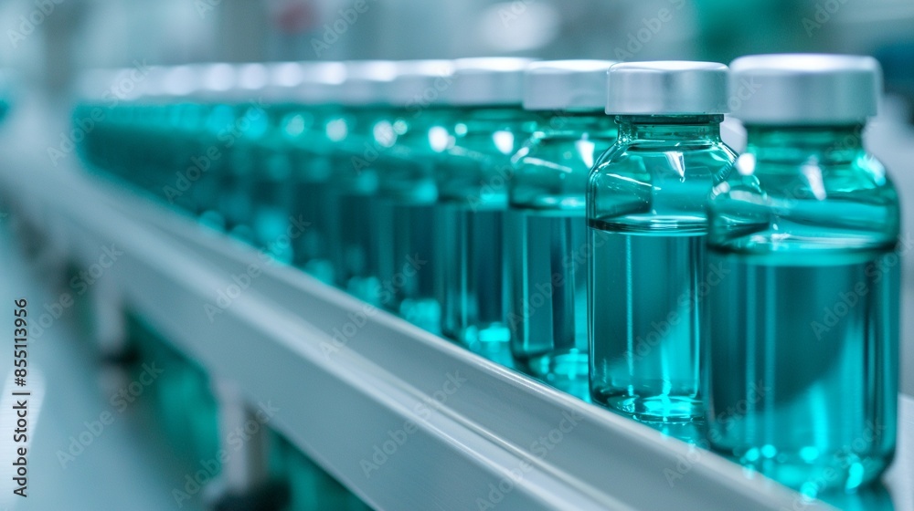 Bottles of teal solution with silver caps, neatly arranged on a production line, showcasing the meticulous process and hightech setting of a pharmaceutical facility, clear and detailed Bottles of teal solution with silver caps, neatly arranged on a production line, showcasing the meticulous process and hightech setting of a pharmaceutical facility, clear and detailed