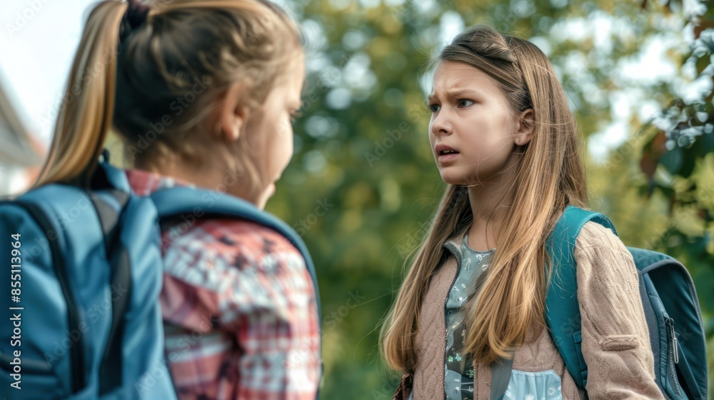 School Drop-off Drama: Illustrate a moment outside of a school where a young mother is scolding her daughter, who stands with her backpack slung over her shoulder, visibly upset. School Drop-off Drama: Illustrate a moment outside of a school where a young mother is scolding her daughter, who stands with her backpack slung over her shoulder, visibly upset.