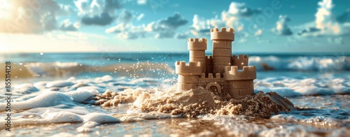 A Detailed Sandcastle Being Washed Away by Ocean Waves on a Sunny Day photo