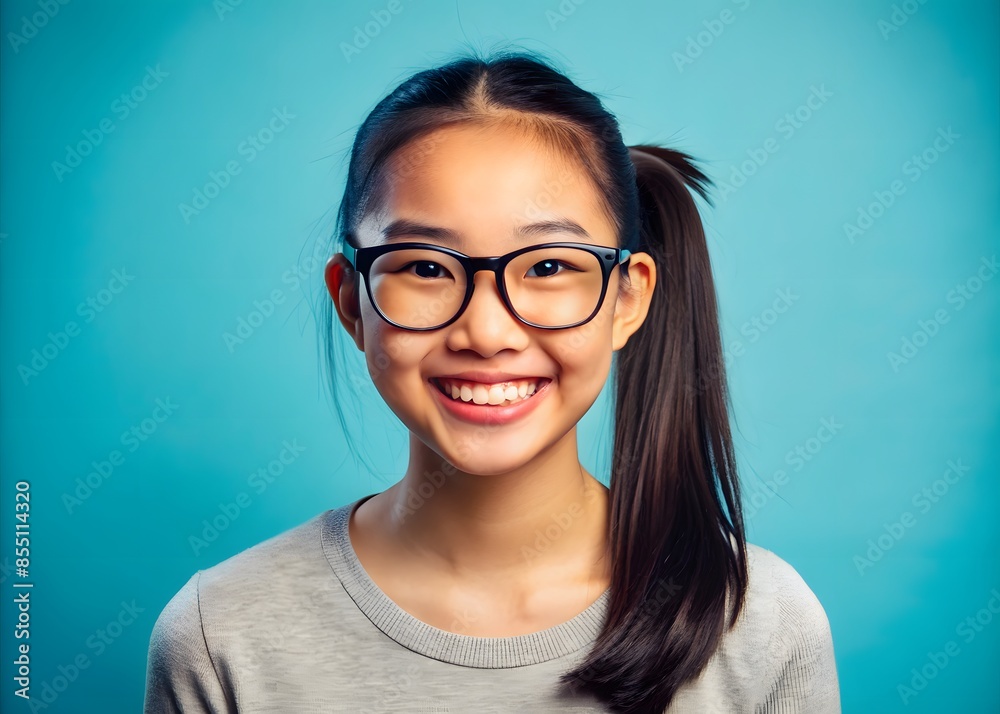 A Beautiful And Happy Young Asian Girl With Glasses Smiles At The Camera. A Beautiful And Happy Young Asian Girl With Glasses Smiles At The Camera.