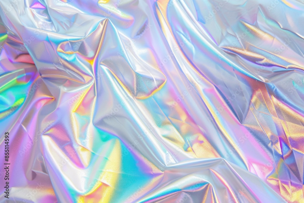 A close-up of crumpled iridescent fabric with vivid, colorful highlights and smooth, reflective surfaces. A close-up of crumpled iridescent fabric with vivid, colorful highlights and smooth, reflective surfaces.