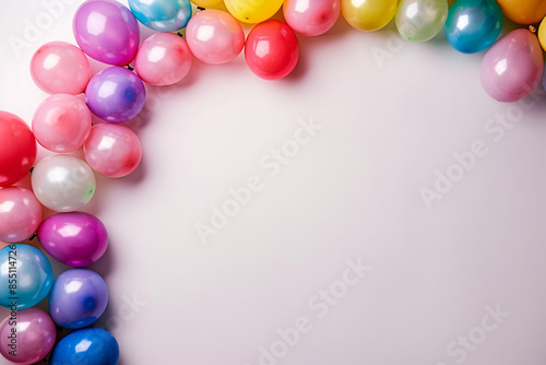 Colorful balloons arranged in a crescent shape along the top edge of a solid backdrop, adding a festive touch. © Ateeq