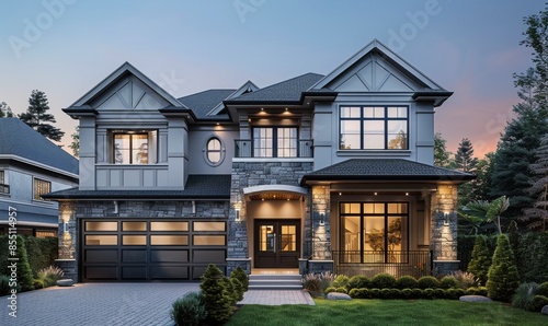 Modern Two-Story House With Stone Accents and Garage at Dusk